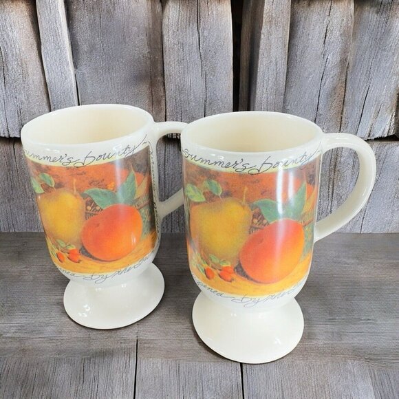 Vintage Rosanna Footed Coffee Mug Cup Ceramic Fruit Made In Portugal VTG Set 2 - Picture 1 of 11